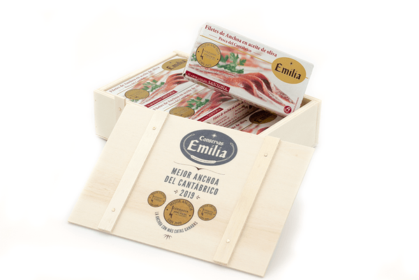 Caja detalle seis octavillos Anchoa del Cantábrico serie oro