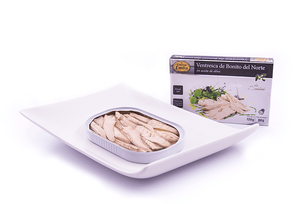 Caja detalle  Anchoa del Cantábrico serie oro tres octavos y Ventresca de bonito del norte
